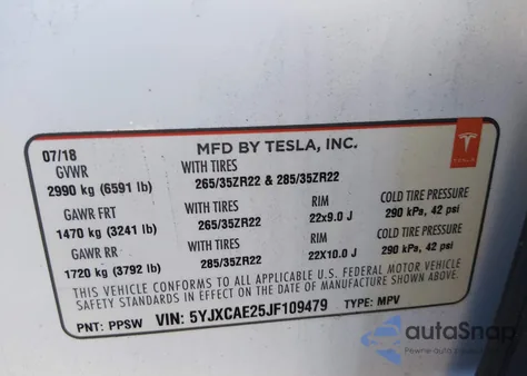 2018 Tesla Model X 100D/75D/P100D из США, поврежденный, VIN 5YJXCAE25JF109479